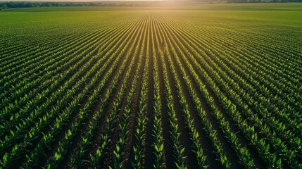 18. Aerial view of a field of young corn plants, with orderly rows stretching out towards the horizon, depicting early growth in agriculture