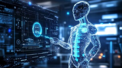 Futuristic Robot Interacting with Digital Display