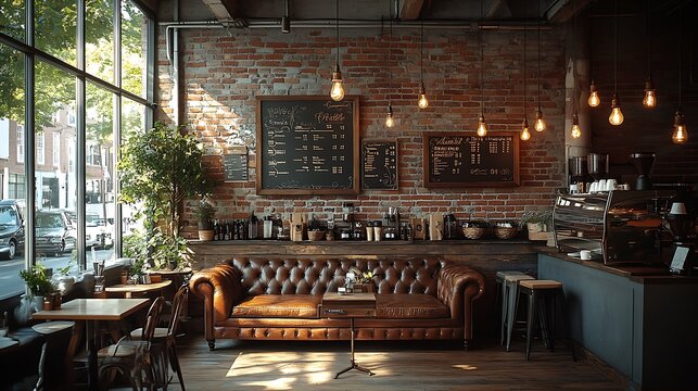 Rustic coffee shop interior with vintage wooden furniture, brick walls, hanging Edison bulbs, and leather couches. Soft,