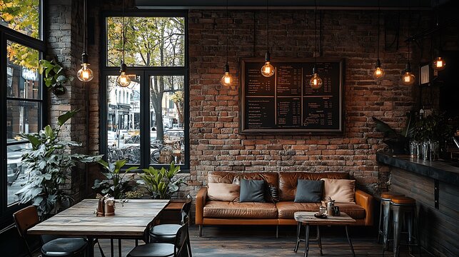 Rustic coffee shop interior with vintage wooden furniture, brick walls, hanging Edison bulbs, and leather couches. Soft,