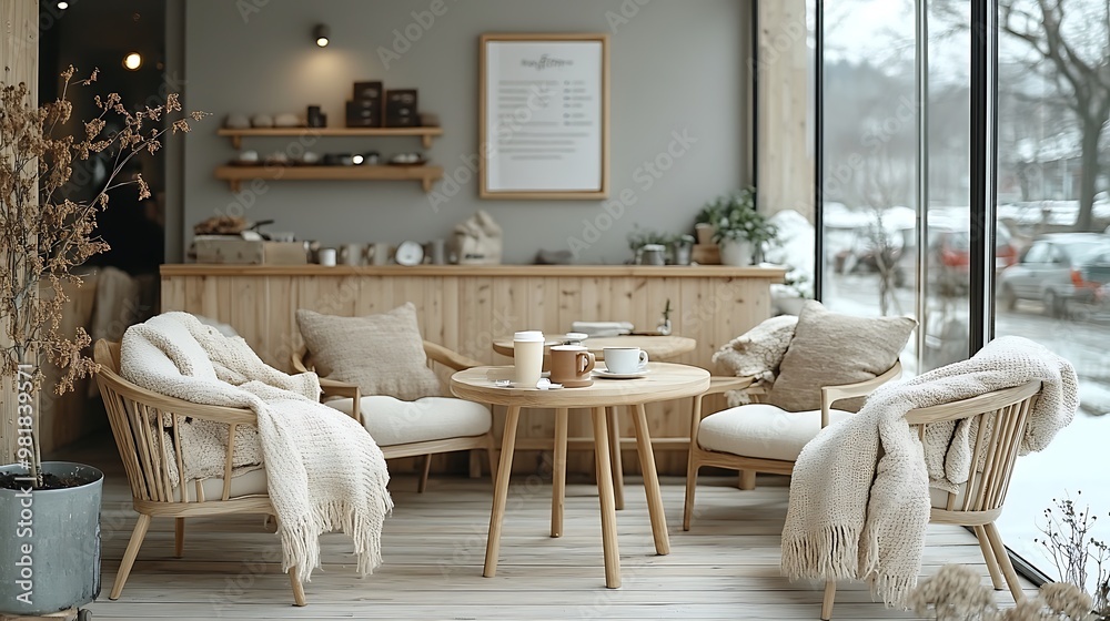 Wall mural Scandinavian-style coffee shop with light wooden furniture, pastel tones, and cozy throws draped over chairs.