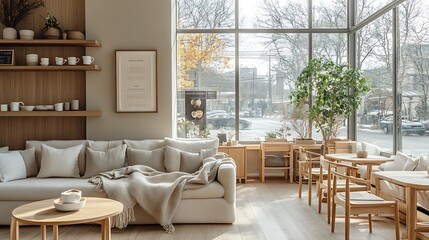 Obraz premium Scandinavian-style coffee shop with soft pastel colors, minimalist wooden furniture, and cozy throws draped over seating.