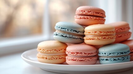 Fototapeta premium Close-Up of Colorful Macarons on White Plate – French Sweets in Pastel Colors