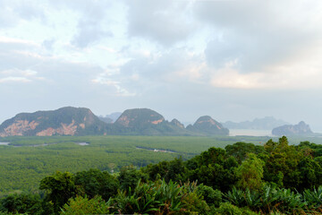 Scenic view of lush green forest with rugged mountains under cloudy skies. Idyllic nature landscape showcasing vibrant greenery and dramatic mountain formations. Perfect for nature and travel themes.