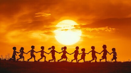 Fototapeta premium 48. Children holding hands and running towards a rising sun, symbolizing world peace and stopping conflict