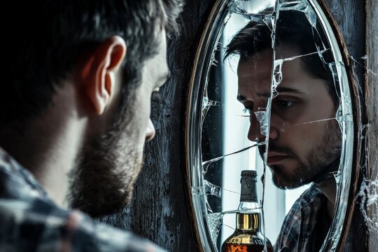 A man looking at his reflection in a cracked mirror, a bottle of alcohol in his hand, representing the destructive cycle of addiction