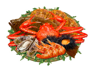 冬の海の幸（ザル、ヒノキの葉付き）