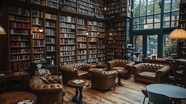 Vintage library coffee shop with walls lined with books, cozy leather armchairs, and soft lighting from traditional table lamps. The rich wood and warm lighting create a relaxed,