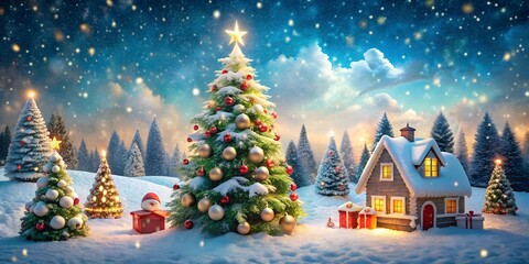 Christmas landscape with Christmas tree, house at starry night in snowy forest