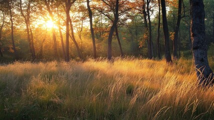 Fototapeta premium 64. The serene sight of autumn grass in a forest at sunset, with soft light and gentle wind, evoking a peaceful autumn atmosphere