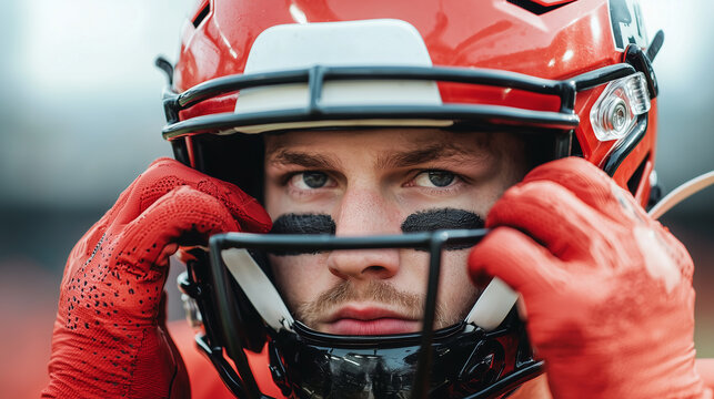 Football Player Adjusting Helmet Before Play - Powered by Adobe