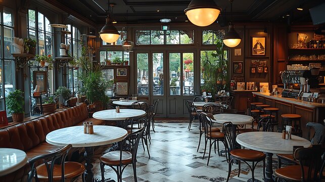 A classic Parisian bistro café with marble-top tables, wrought iron chairs, and elegant pendant lights. The cozy atmosphere is enhanced by soft lighting and vintage decor,