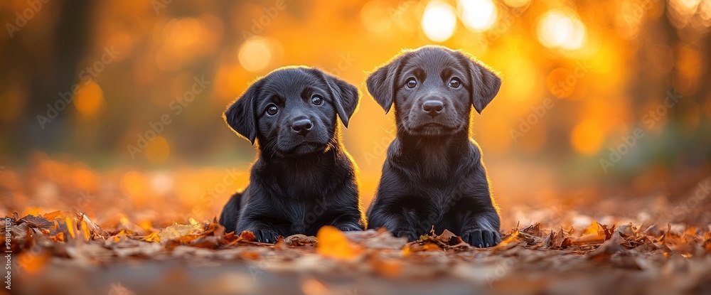 Poster two black labrador retriever puppies in autumn leaves