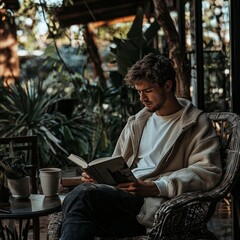 A man sitting on a patio with a book and a cup of coffee, taking a moment of solitude and reflection as part of his self-care.