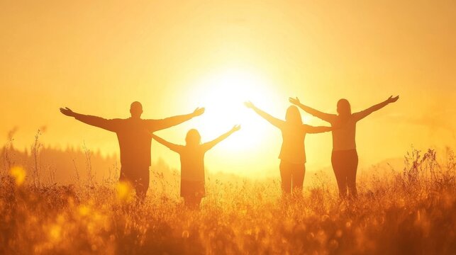 89. A happy family with arms outstretched towards the setting sun, illustrating togetherness and a shared moment of positivity