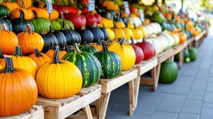 Colorful Pumpkins on Wooden Stands at Fall Market