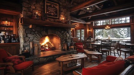 A cozy coffee shop with a mountain cabin feel, featuring a stone fireplace, wooden furniture, and warm tones throughout. The firelight and rustic decor create a welcoming,