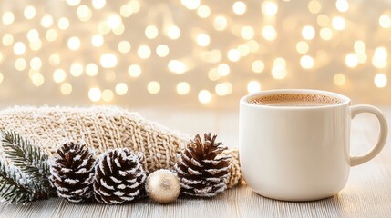 Cozy Winter Scene with Coffee  Pine Cones  and Lights