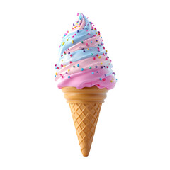 Vibrant Bubblegum-Flavored Ice Cream Cone with Colorful Sprinkles on White Background