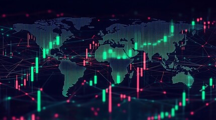 Obraz premium A cryptocurrency market chart with fluctuating green and red candlesticks, displayed over a pulsating world map, glowing network lines connecting financial hubs, dynamic lighting effects, hd quality,