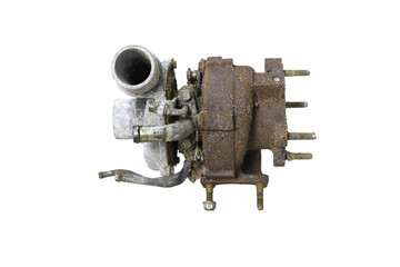 Old turbo rusty car with an old engine isolated against a backdrop of industrial equipment.clipping path included and white background