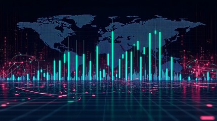 A cryptocurrency market chart with tall green candlesticks climbing upward, set against a glowing global map with arrows pointing to major financial centers,