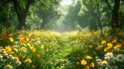 Sunlit Forest Path with Wildflowers - Nature Photography