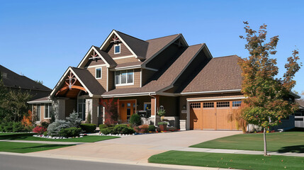 Suburban house with a gabled roof, attached garage, and a well-manicured lawn, showcasing classic residential architecture