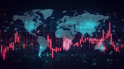 A cryptocurrency market sentiment chart with alternating bullish and bearish candlesticks, set against a darkened world map, glowing financial centers connected by faint network lines, moody lighting,
