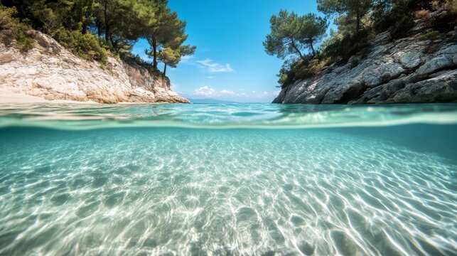 121. Half underwater shot capturing the crystal clear sea water of Sitonia, Halkidiki, with a sandy beach bottom and rocky shoreline dotted with trees, showing the beauty of the Greek coastline