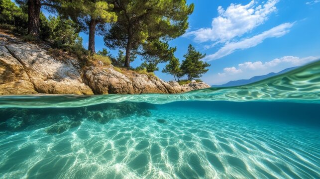 121. Half underwater shot capturing the crystal clear sea water of Sitonia, Halkidiki, with a sandy beach bottom and rocky shoreline dotted with trees, showing the beauty of the Greek coastline