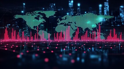 Obraz premium A cryptocurrency market sentiment chart with alternating green bullish and red bearish candlesticks, overlaid on a dark world map, glowing network lines connecting financial hubs,