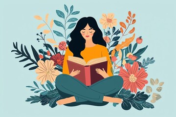  Reading a Book with Study Elements - A Calming Illustration Highlighting Time Management, Focus, and the Joy of Learning