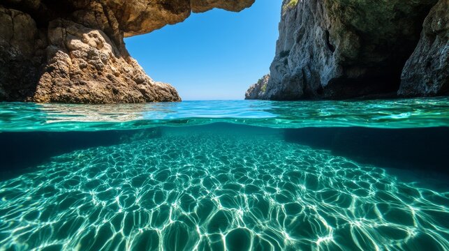 124. Underwater perspective blending into an above-water view, capturing the stunning clarity of the sea in Sitonia and the scenic coastal landscape with sandy beach and rocks