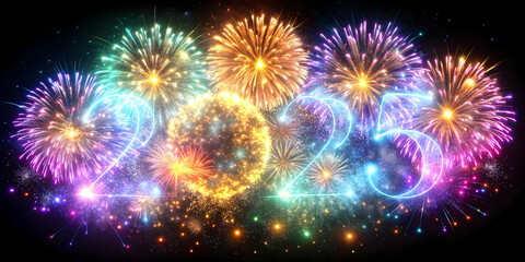 Fototapeta premium 3D Holographic New Year Fireworks Icon - Isolated Celebration of 2025's Excitement with Vibrant Colors and Dynamic Patterns Against White Background