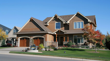 Suburban two-story house with stone accents, double garage, and a well-maintained lawn, showcasing classic residential architecture