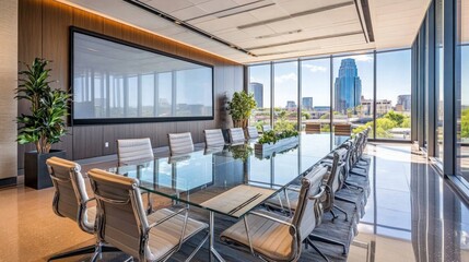 Fototapeta premium Conference room with a long glass table, executive chairs, large screen for presentations, and floor-to-ceiling windows providing natural light