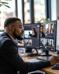 A manager providing one-on-one feedback to a team member via chat, with screens showing their collaborative work in progress, emphasizing the personal touch in remote leadership.