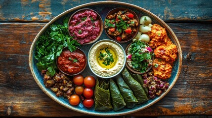 Colorful Mediterranean Mezze Platter of Dips and Vegetables