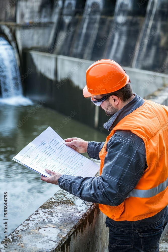 Wall mural an engineer reviews the performance data from a hydroelectric dam. they analyze the flow rates and t