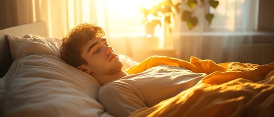 Young man peacefully sleeps in bed with golden morning sunlight streaming through the window, creating a warm and tranquil atmosphere.