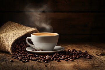 Aromatic Cup of Coffee with Coffee Beans and a Burlap Sack