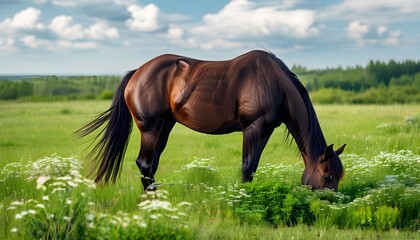 Majestic brown horse peacefully grazing on lush green grass under the warm summer sun