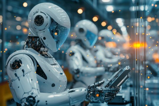 A manufacturing facility where AI-powered robots assemble products with human oversight, ensuring quality and speed.