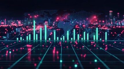 Obraz premium A fluctuating candlestick chart with green and red bars, overlaying a grid-like world map, glowing nodes representing decentralized financial hubs, network lines connecting independent regions,