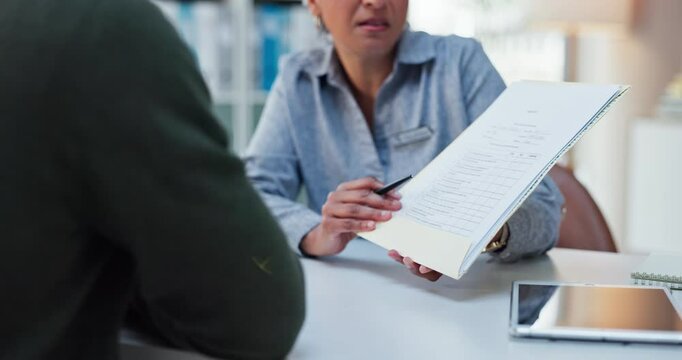 Contract, hands and client in discussion with paperwork for insurance, application or claim form. Document, people and consultation with advisor closeup for questionnaire, survey or review in office