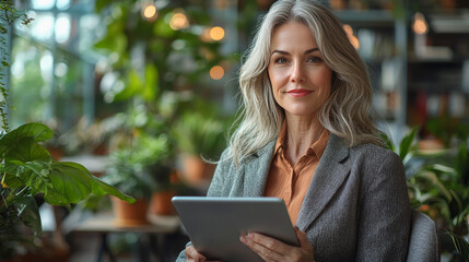 Fototapeta premium Smiling woman using tablet in cafe
