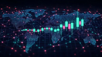 Obraz premium A futuristic candlestick chart with green and red bars fluctuating, overlaid on a grid-like global map with glowing nodes representing decentralized cryptocurrency trades,