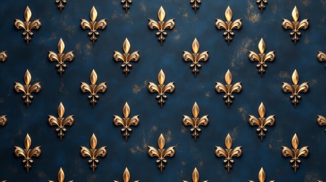 Golden Fleur de lis Pattern on Blue Background