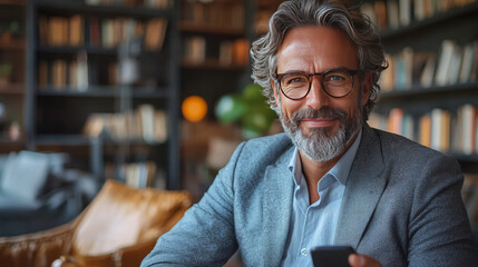 Obraz premium Smiling mature man in glasses uses a phone.
